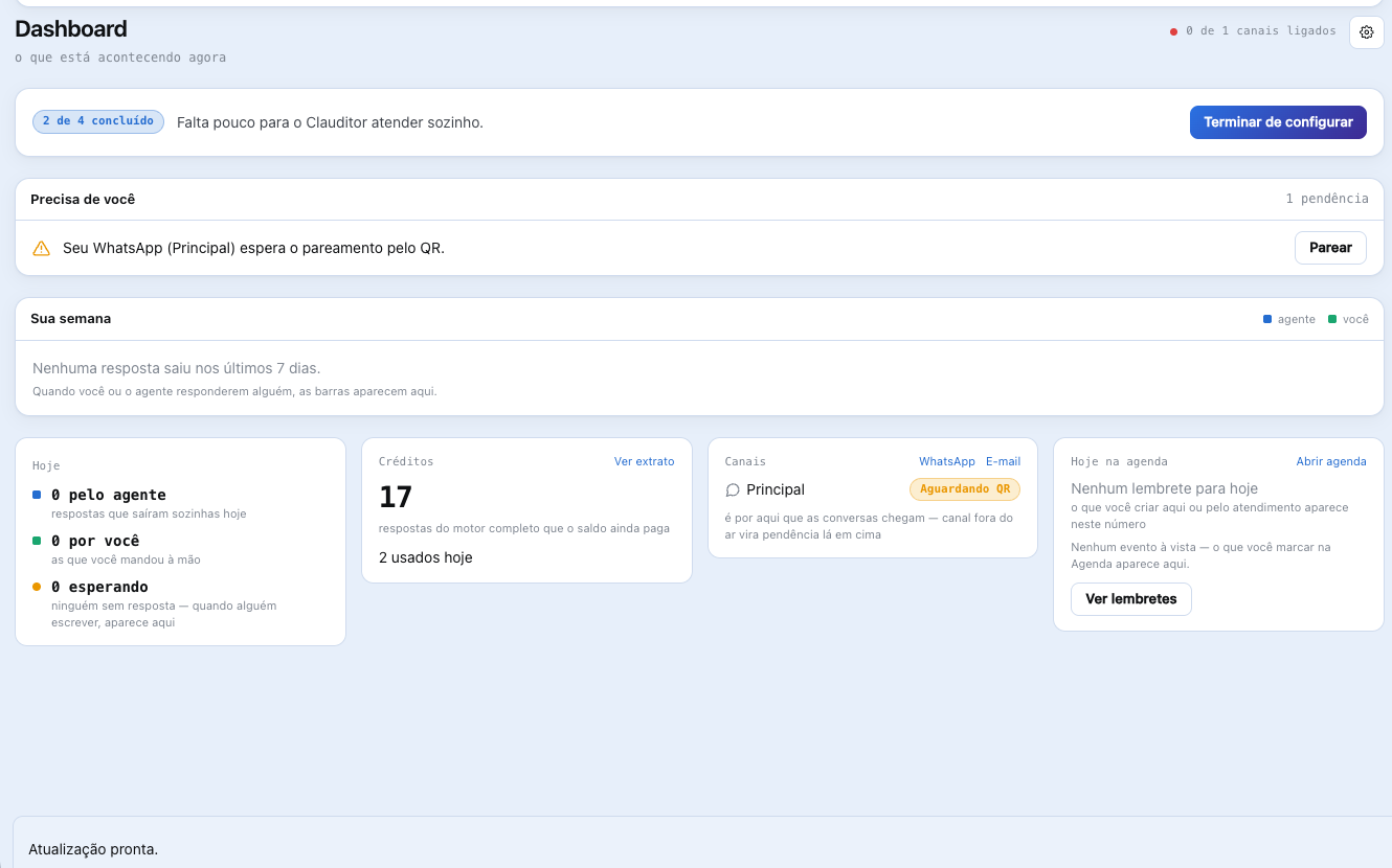 Clauditor dashboard showing what's left to set up, the week of support, and connected channels